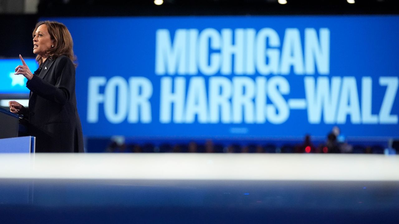 Vice President Kamala Harris speaks during a rally at the Dort Financial Center in Flint, Michigan, on October 4. 