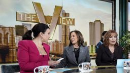 Democratic presidential nominee Vice President Kamala Harris chats with the hosts during a commercial break at The View on Tuesday, October 8, in New York. 