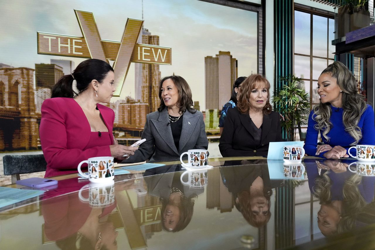 Democratic presidential nominee Vice President Kamala Harris chats with the hosts during a commercial break at The View on Tuesday, October 8, in New York. 