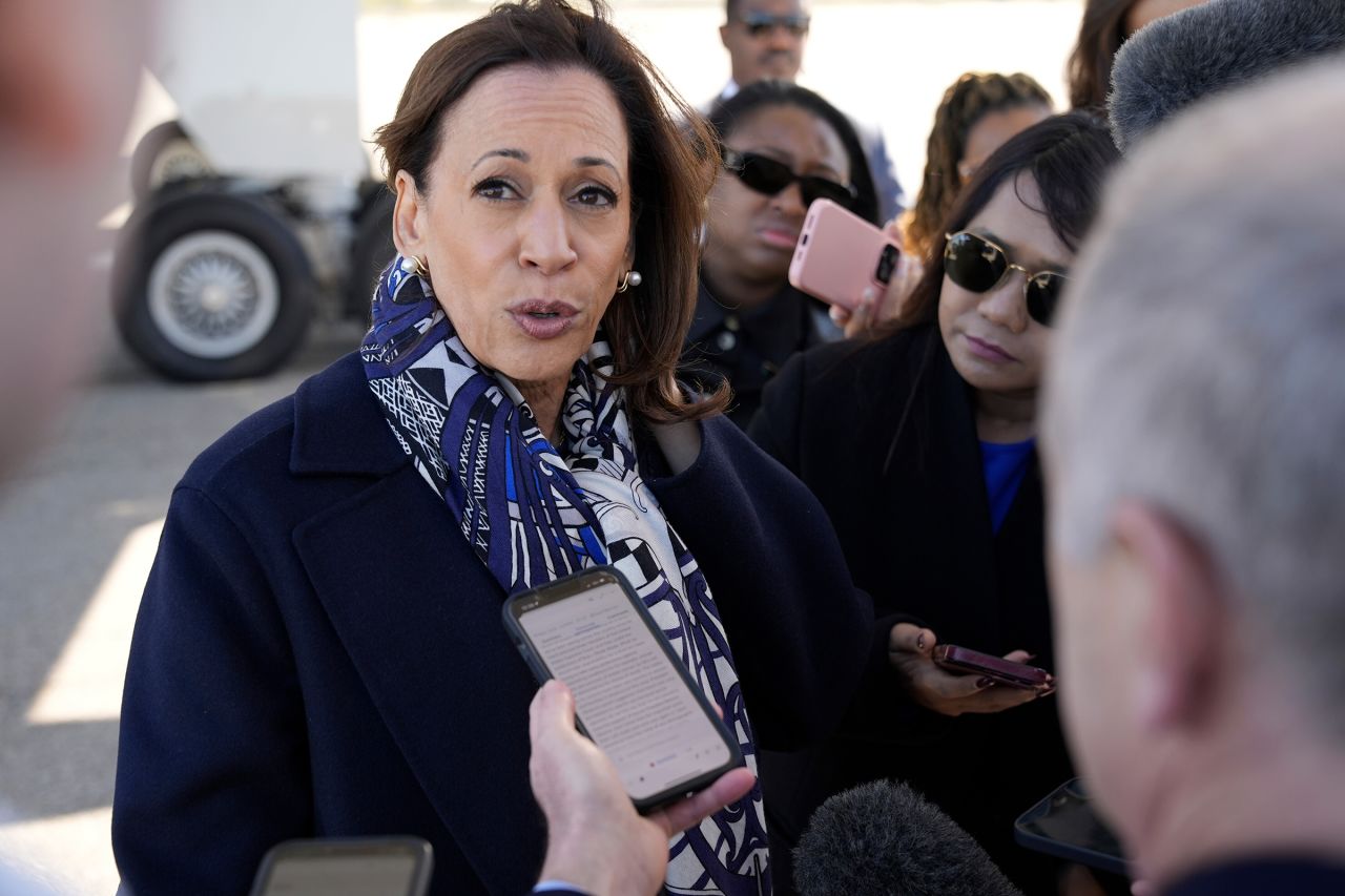 Vice President Kamala Harris speaks to the media before boarding Air Force Two at Detroit Metropolitan Wayne County Airport in Michigan on October 16.