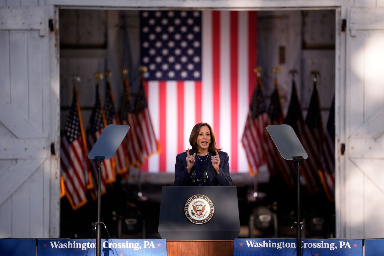 Vice President Kamala Harris speaks during a campaign event at Washington Crossing Historic Park in Pennsylvania on October 16. 