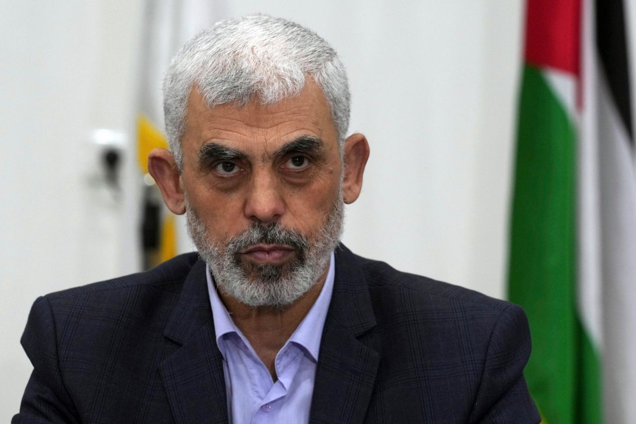 Yahya Sinwar chairs a meeting with leaders of Palestinian factions at his office in Gaza City, on April 13, 2022.