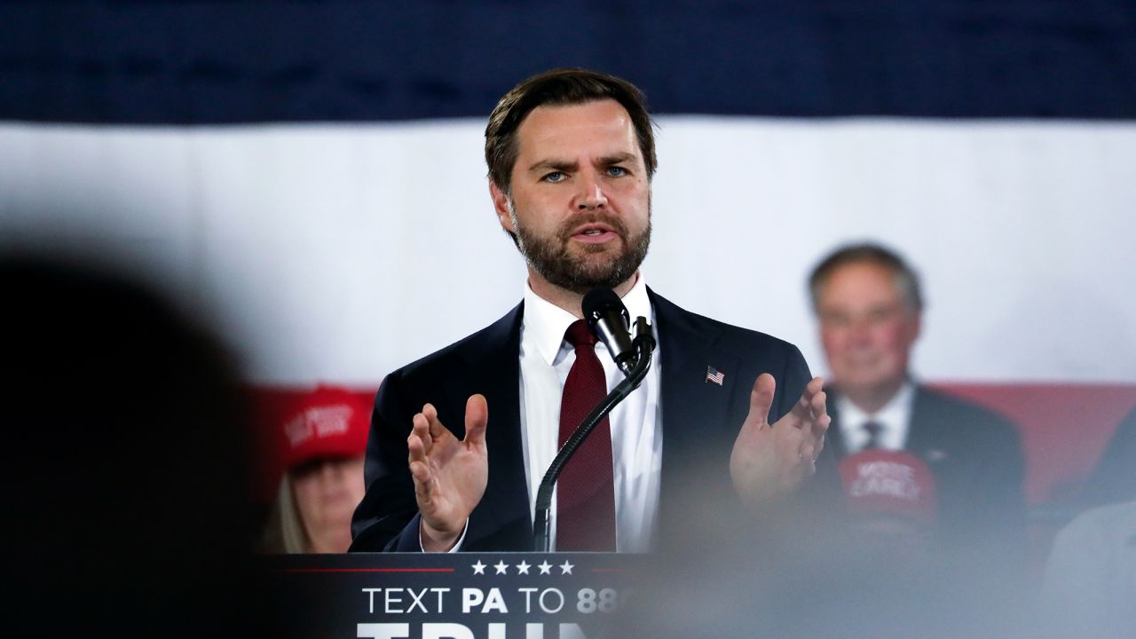 Republican vice presidential nominee Sen. JD Vance speaks at a campaign event at The Pennsylvanian in Pittsburgh on October 17.