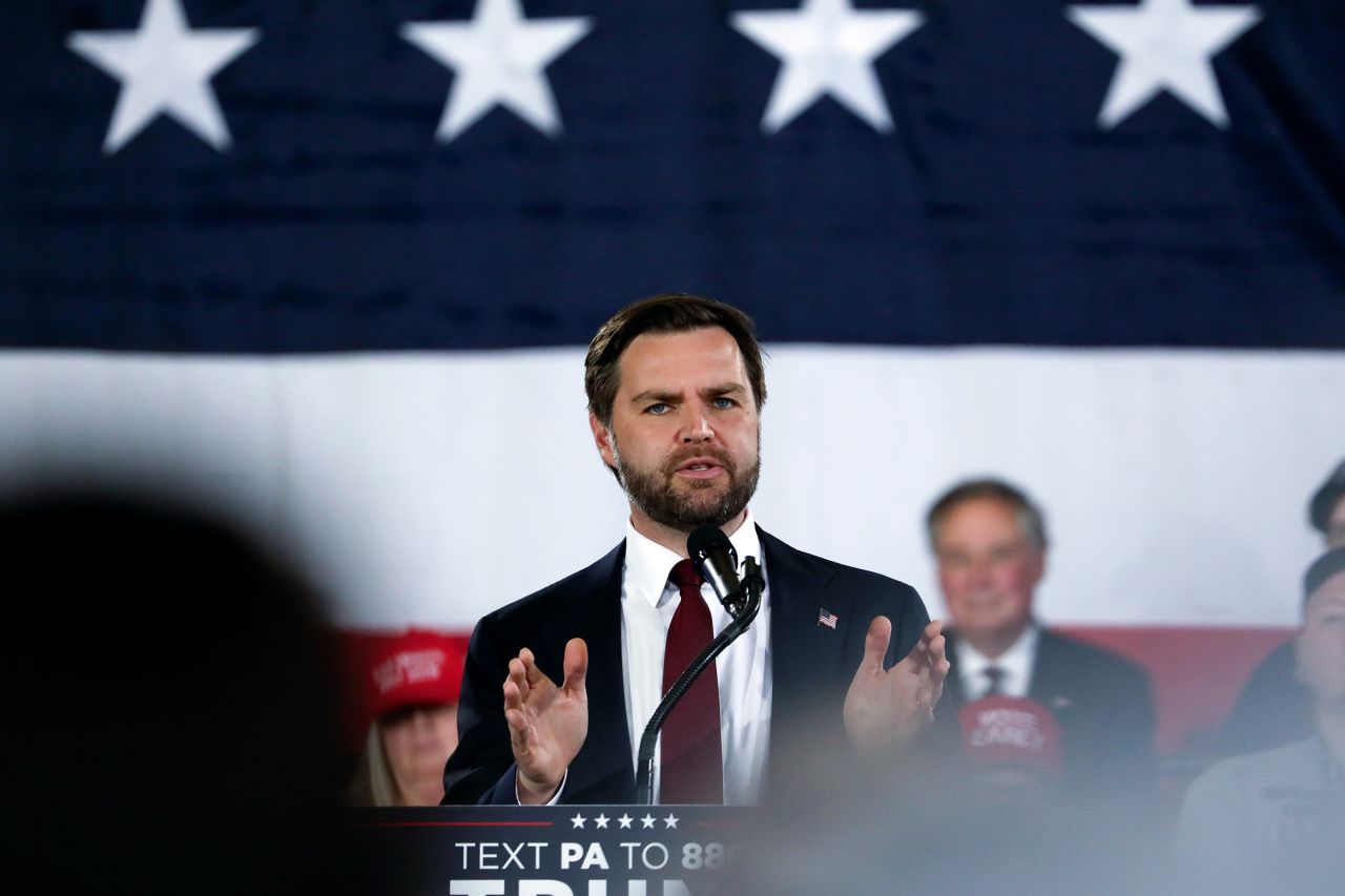 Republican vice presidential nominee Sen. JD Vance speaks at a campaign event at The Pennsylvanian in Pittsburgh on October 17.