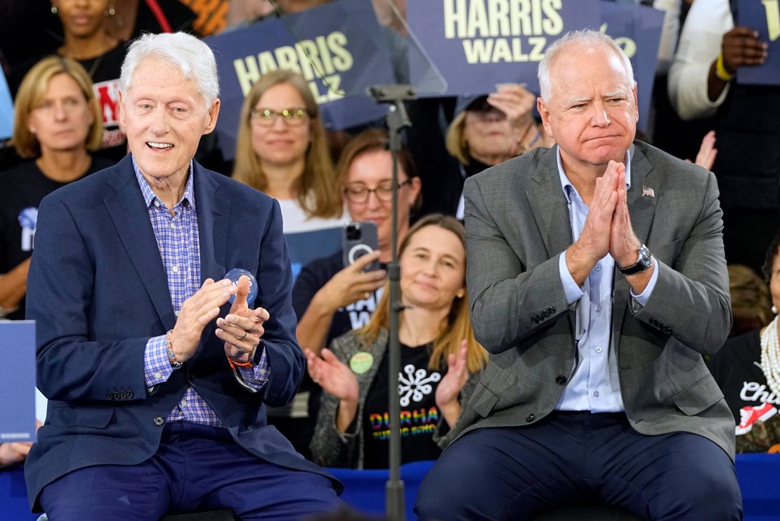 Minnesota Gov. Tim Walz appears with Clinton at the campaign rally in Durham, North Carolina, on October 17, 2024.