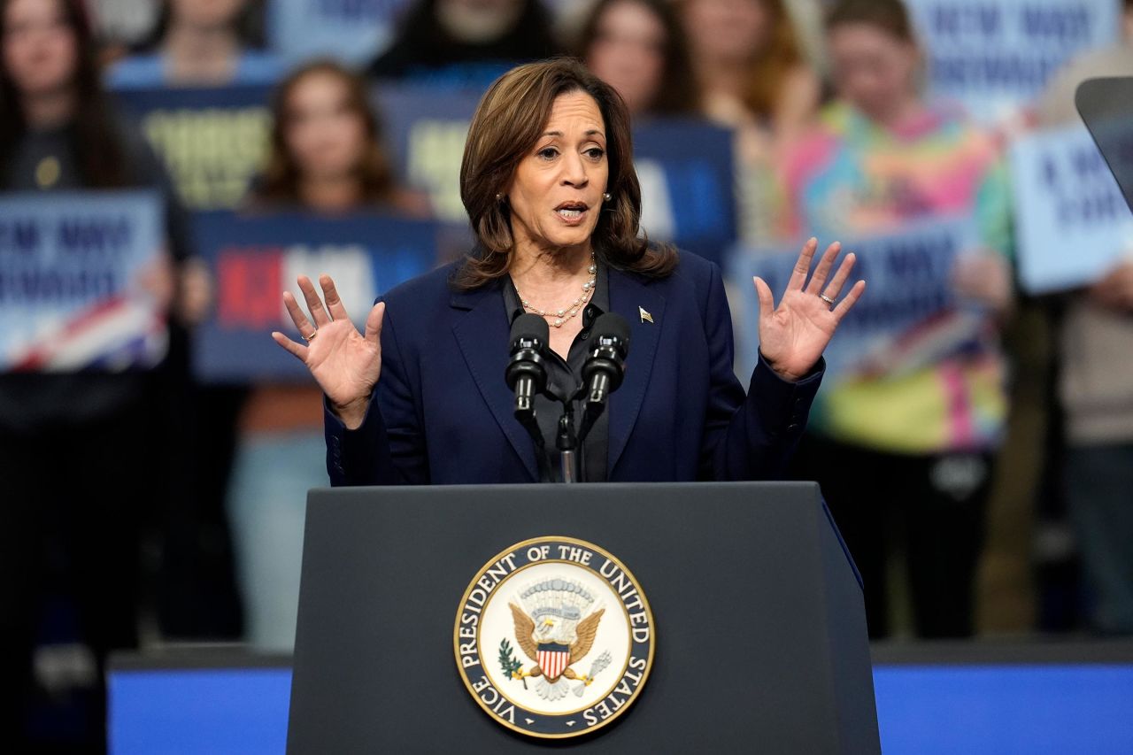 Vice President Kamala Harris speaks during a campaign rally at the University of Wisconsin-La Crosse in La Crosse, Wisconsin, on Thursday.