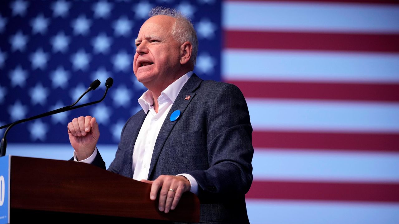 Democratic vice presidential nominee Minnesota Gov. Tim Walz speaks during a campaign rally in Papillion, Nebraska, on October 19. 