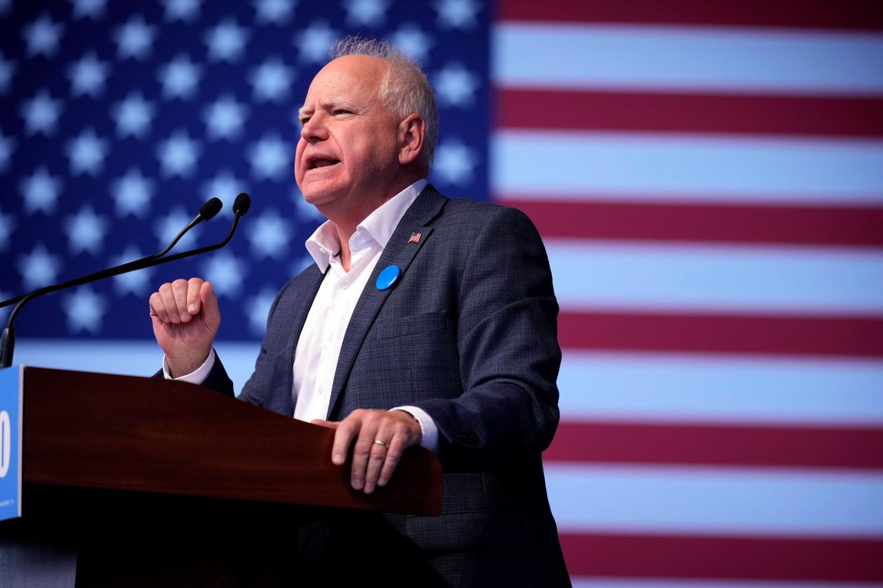 Democratic vice presidential nominee Minnesota Gov. Tim Walz speaks during a campaign rally in Papillion, Nebraska, on October 19. 