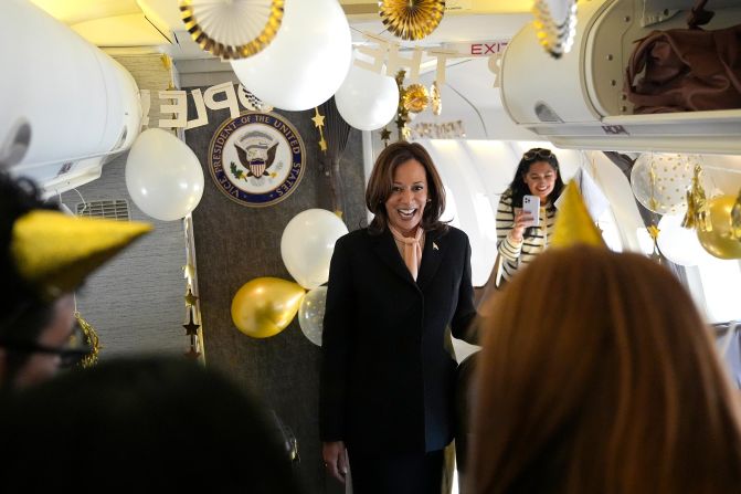 Harris is surprised by campaign staff with birthday decorations before Air Force Two departed from Atlanta on October 20. Harris just turned 60.