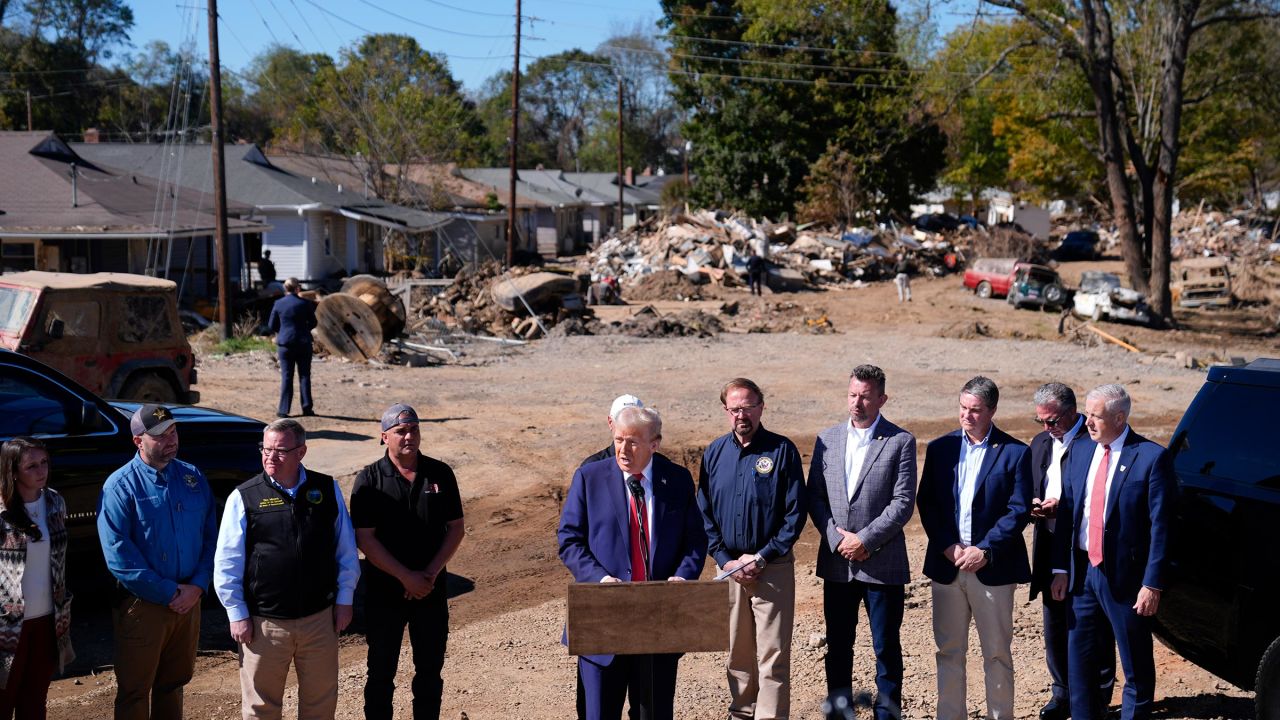 Former President Donald Trump delivers remarks on the damage and federal response to Hurricane Helene on October 21 in Swannanoa, North Carolina.