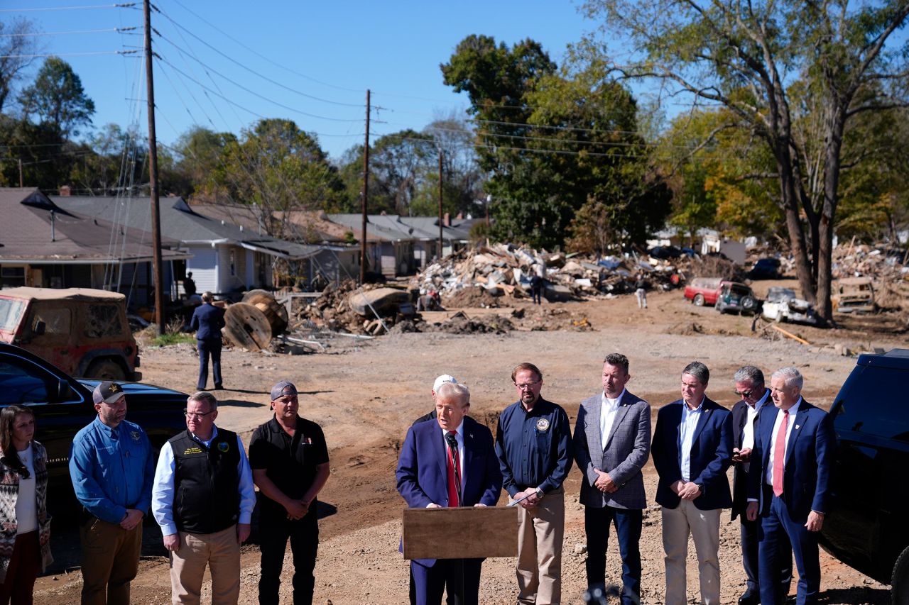 Former President Donald Trump delivers remarks on the damage and federal response to Hurricane Helene on October 21 in Swannanoa, North Carolina.