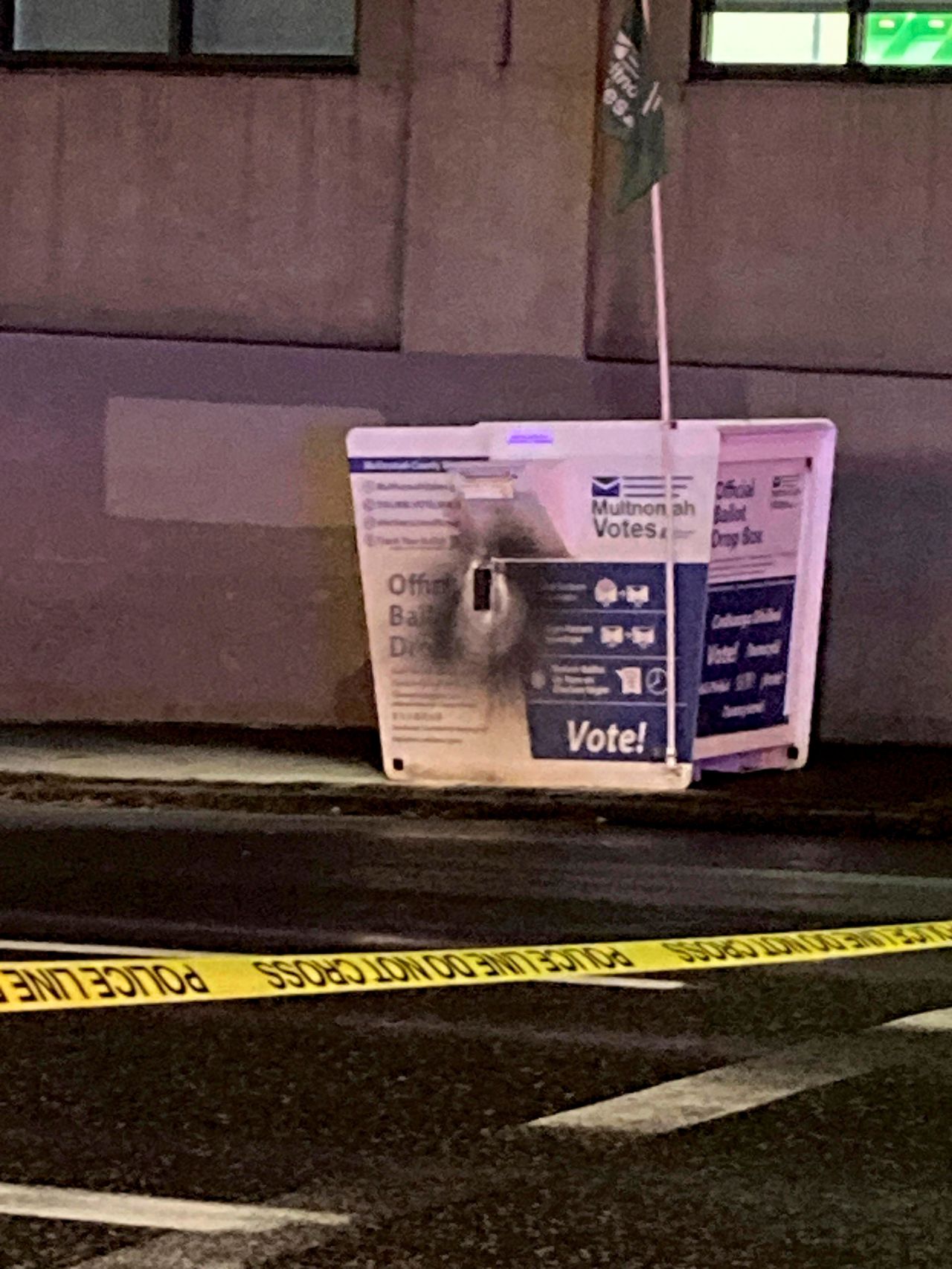 This image released by the Portland Police Bureau shows a ballot box in Portland, Oregon on October 28.