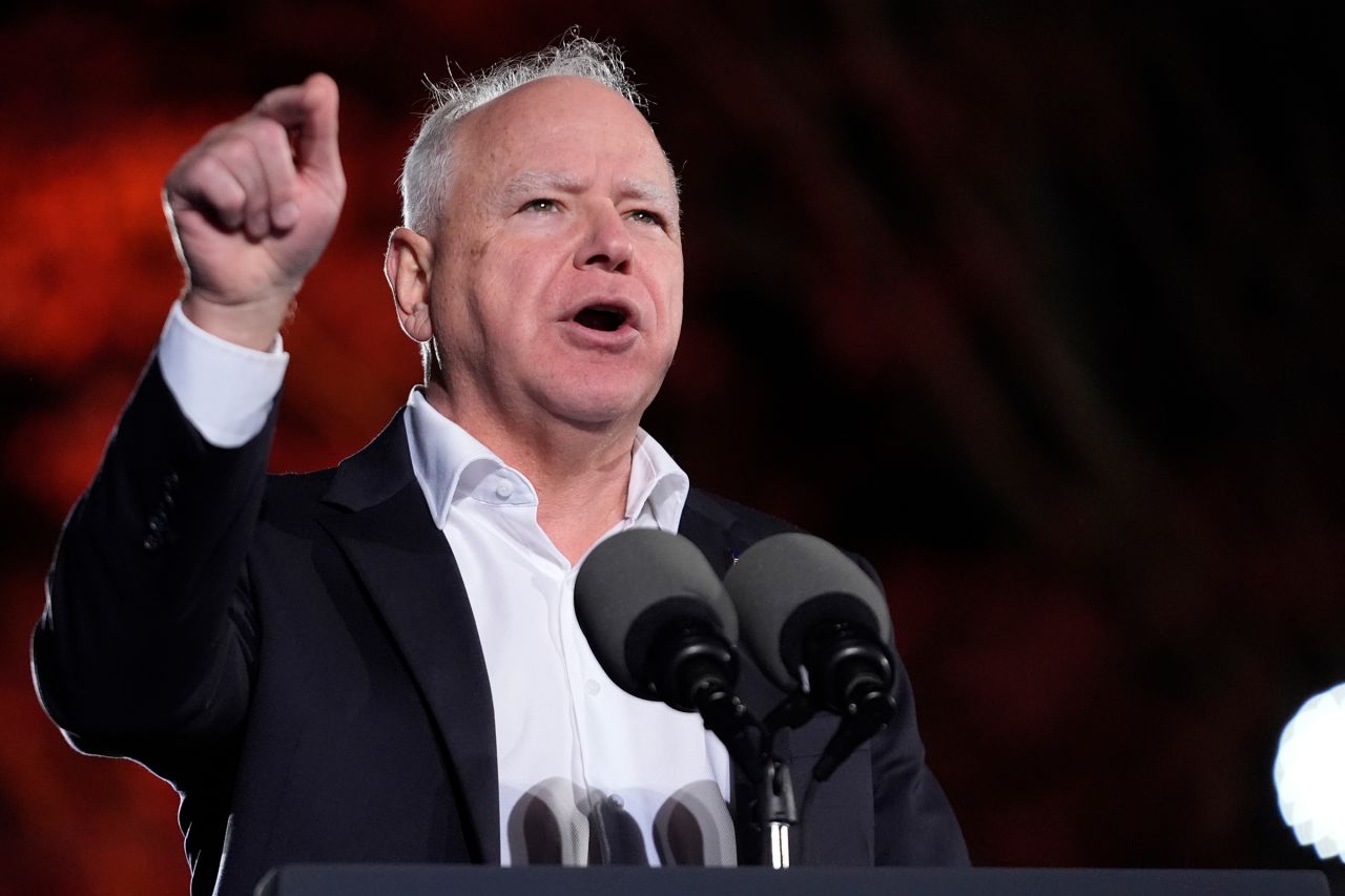 Democratic vice presidential nominee Minnesota Gov. Tim Walz speaks at a campaign event in Burns Park on Monday, October 28, in Ann Arbor, Michigan.