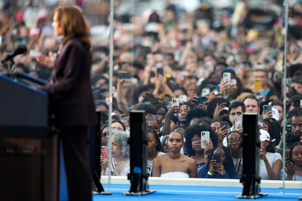 Supporters react as Vice President Kamala Harris delivers a concession speech for the 2024 presidential election on November 6 on the campus of Howard University in Washington,  DC. 