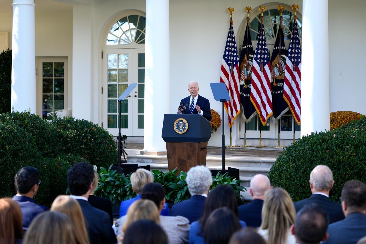 President Joe Biden speaks in the Rose Garden of the White House in Washington, DC, on November 7.