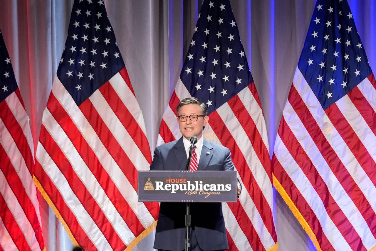 House Speaker Mike Johnson speaks before President-elect Donald Trump arrives to meet the House GOP conference on November 13 in Washington, DC. 