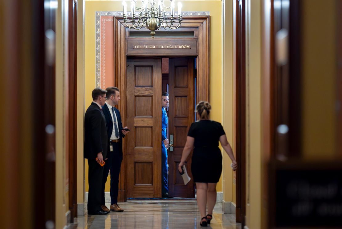 On November 20, former Representative Matt Gaetz, President-elect Donald Trump's attorney general nominee, opened the door for a private meeting with Vice President-elect J.D. Vance and members of the Republican Senate Judiciary Committee at the Capitol in Washington, DC. Closed. 