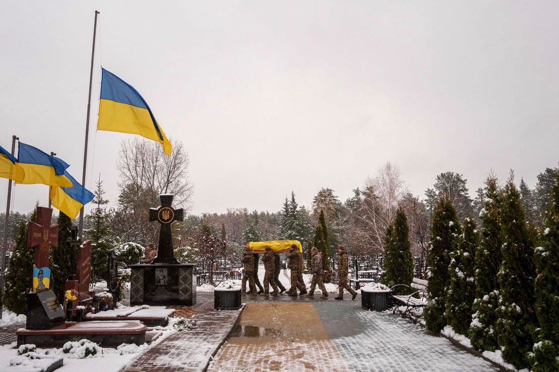 A funeral ceremony in Irpin, Ukraine, is held last month for Serhii Solovyov, a soldier who died during the Kursk offensive.