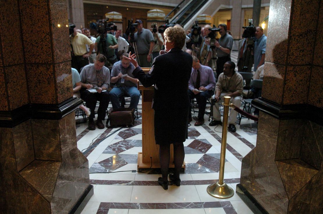 In this 2004 photo, Connecticut Lt. Gov. M. Jodi Rell speaks to the media after heading up a Bond Commission meeting in Hartford, Connecticut.