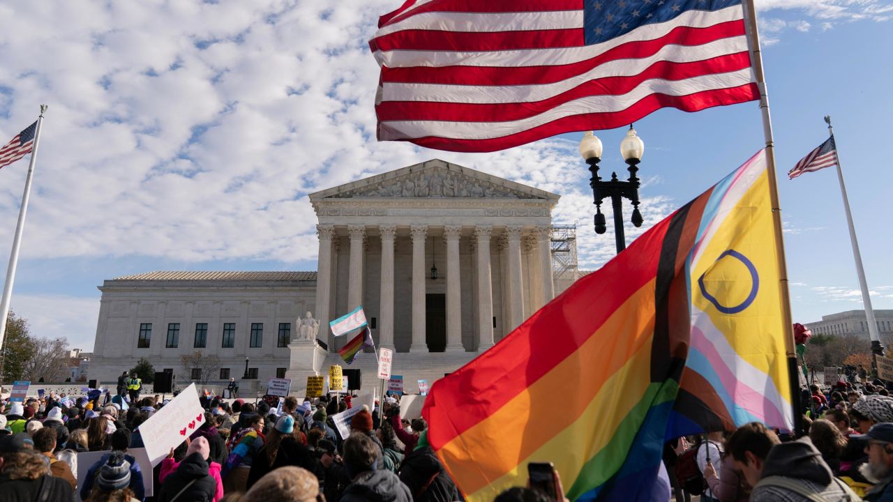 Transgender rights supporters rally outside of the Supreme Court on Wednesday, December 4, 2024, in Washington, DC.