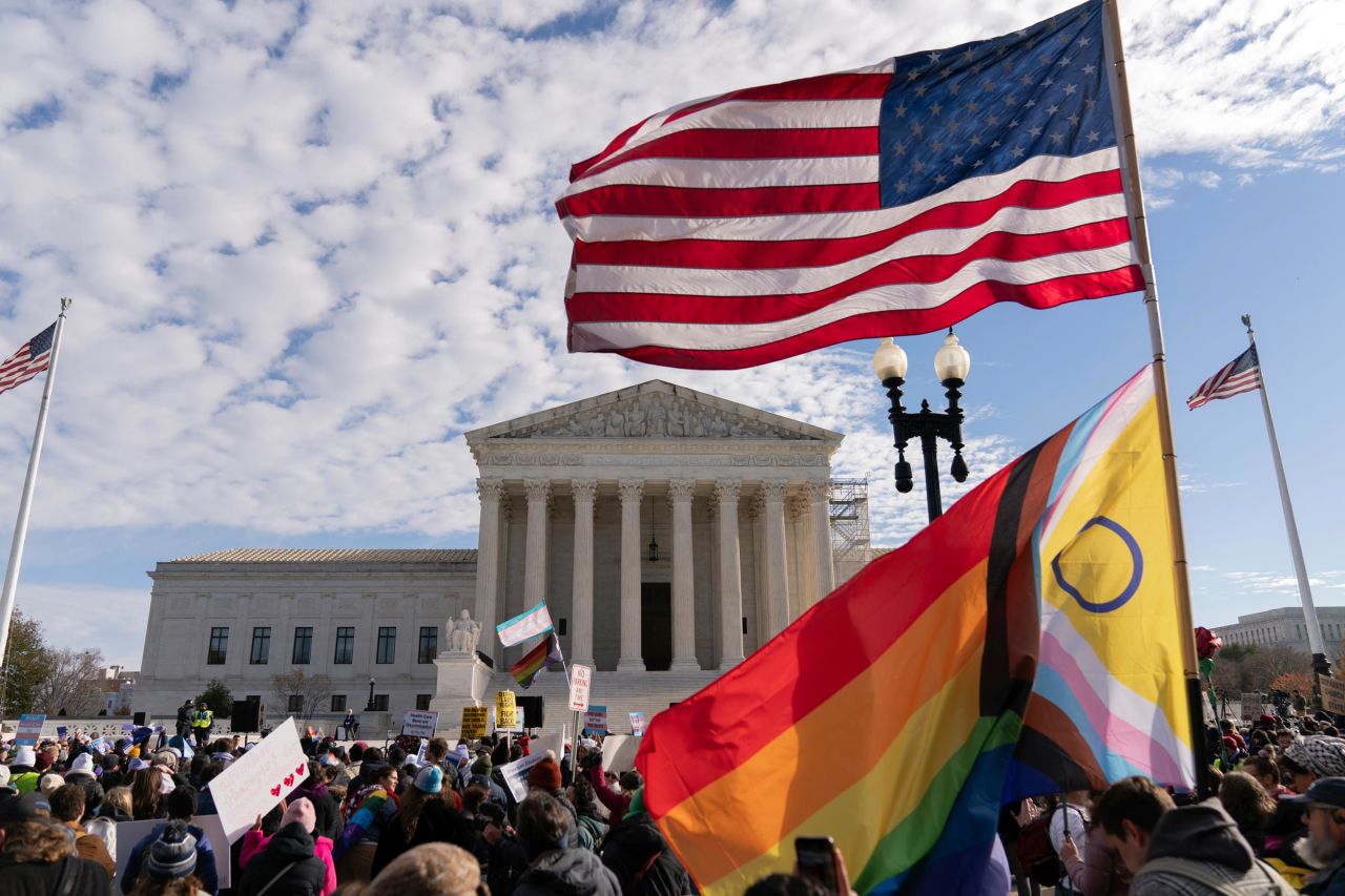 Transgender rights supporters rally outside of the Supreme Court on Wednesday, December 4, 2024, in Washington, DC.