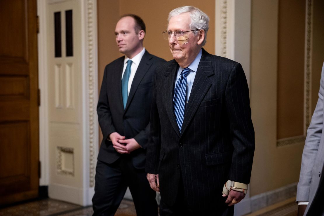 Sen. Mitch McConnell is seen with a bandage under his left eye and a brace on his left wrist after apparently sustaining a fall during a Senate Republican Conference policy luncheon at the US Capitol on December 10, 2024.