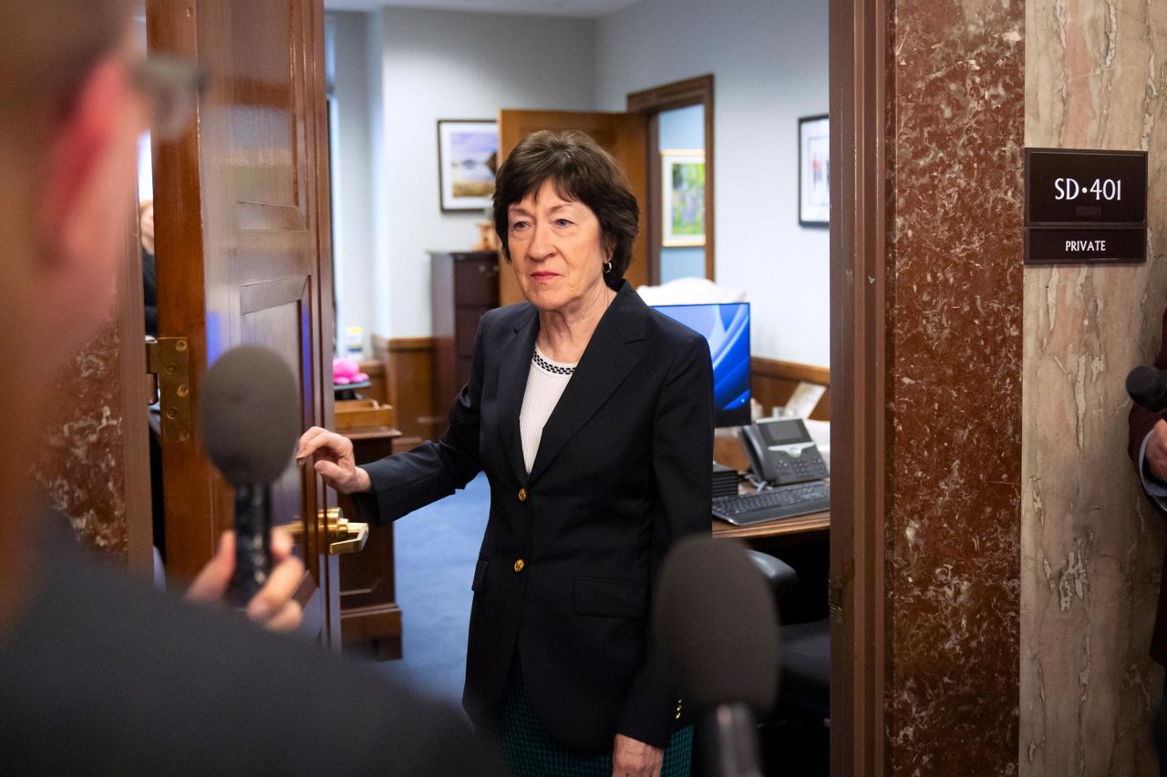 Sen. Susan Collins speaks with reporters after meeting with Pete Hegseth on Capitol Hill on December 11, 2024, in Washington, DC. 