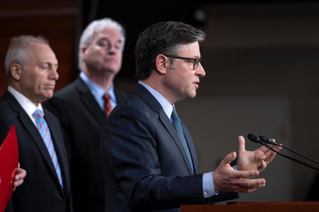 House Speaker Mike Johnson talks at a news conference at the US Capitol in Washington, DC, on December 17. 