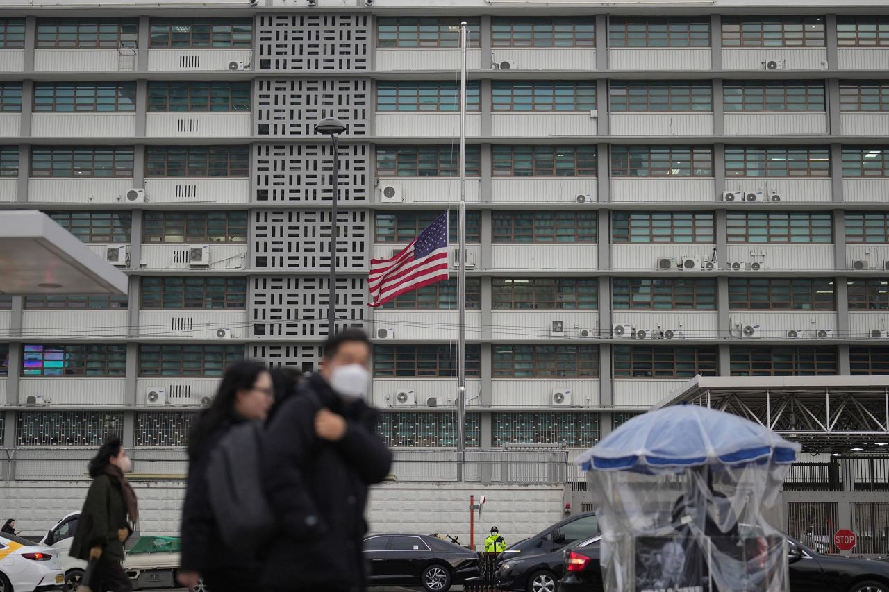 A US flag flies at half-staff for Carter at US Embassy in Seoul, South Korea, on Monday.