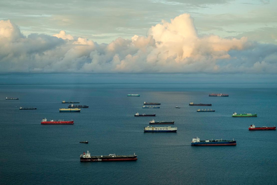 Cargo ships wait to transit the Panama Canal in Panama City, on June 28, 2024. 