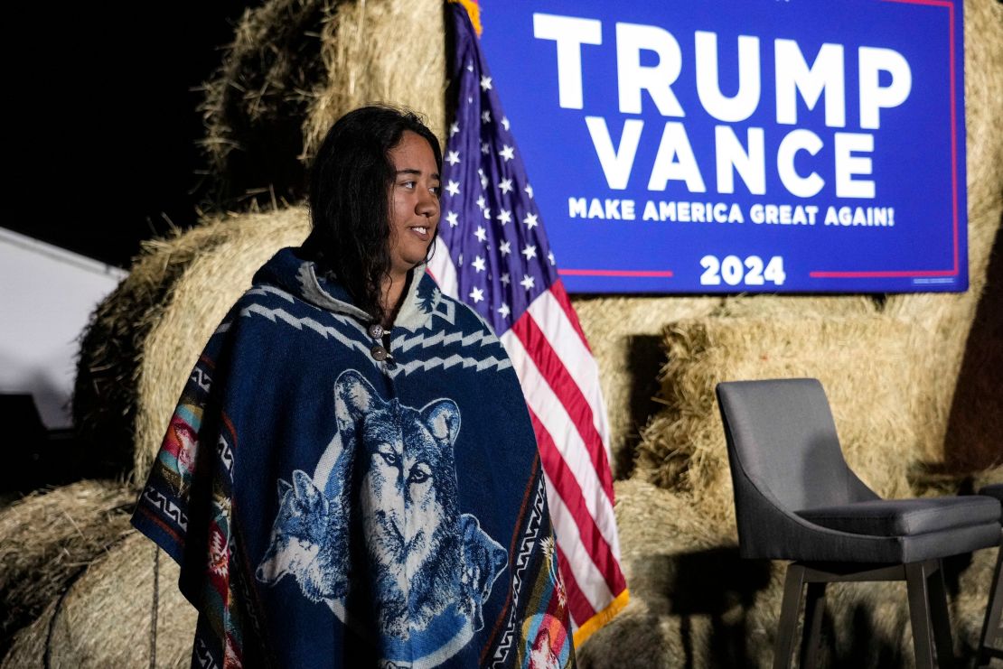 In this October 2024 photo, Lumbee Tribe member Abigail Blue walks the stage during a campaign event in support of Donald Trump in Red Springs, North Carolina.