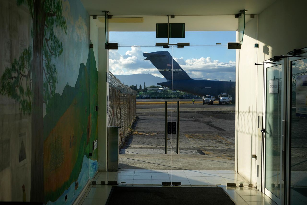 A US military plane carrying Guatemalan migrants deported from the United States sits on the tarmac at La Aurora airport in Guatemala City, on January 27.