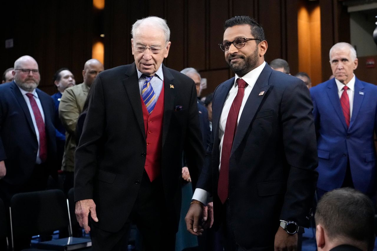 Sen. Chuck Grassley and Kash Patel arrive for Patel's confirmation hearing before the Senate Judiciary Committee at the Capitol in Washington, DC, on Thursday.