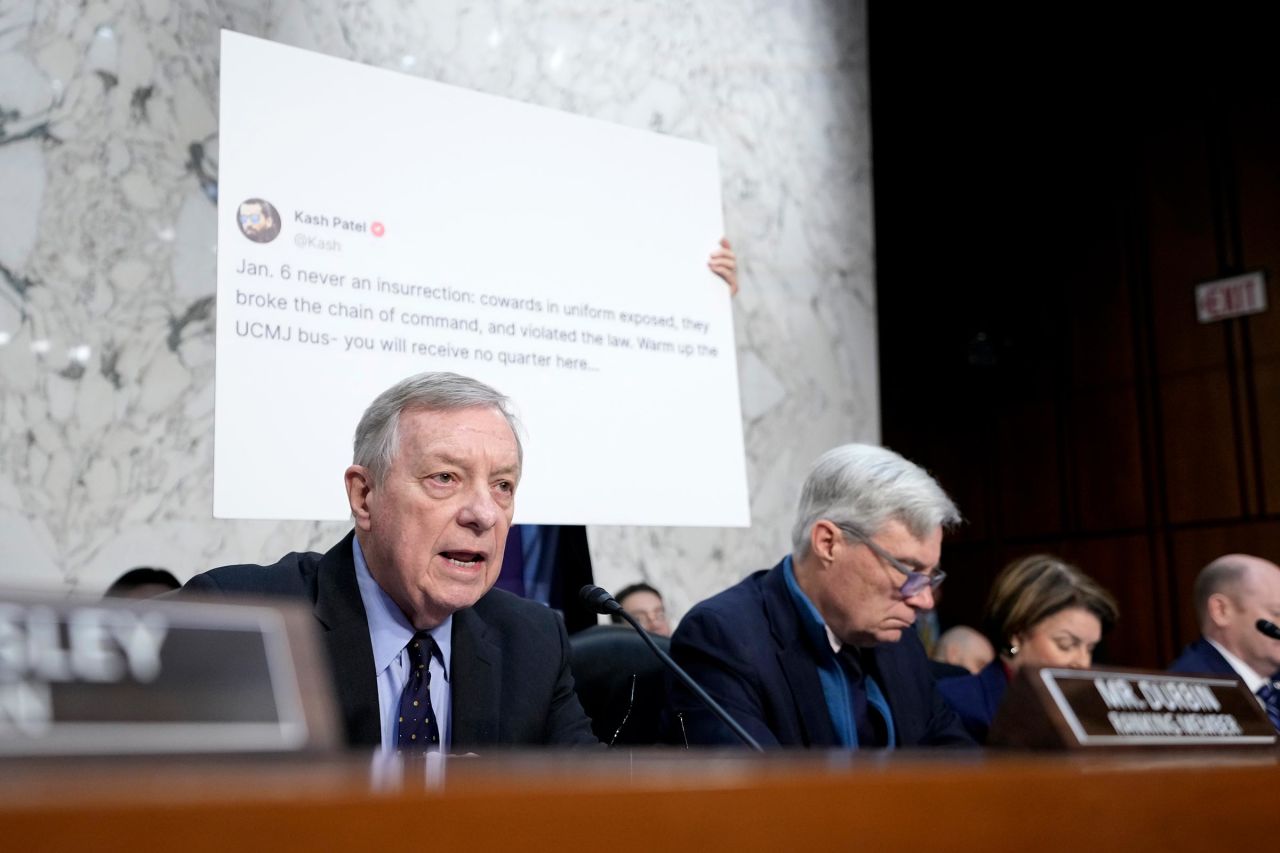 Sen. Dick Durbin gives an opening statement before the Senate Judiciary Committee confirmation hearing for Kash Patel at the Capitol in Washington, DC, on Thursday, January 30. 