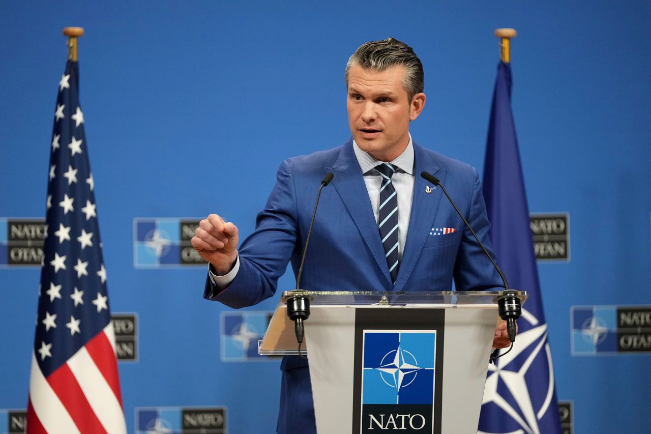 Secretary of Defense Pete Hegseth speaks during a media conference after a meeting of NATO defense ministers in Brussels, on February 13.