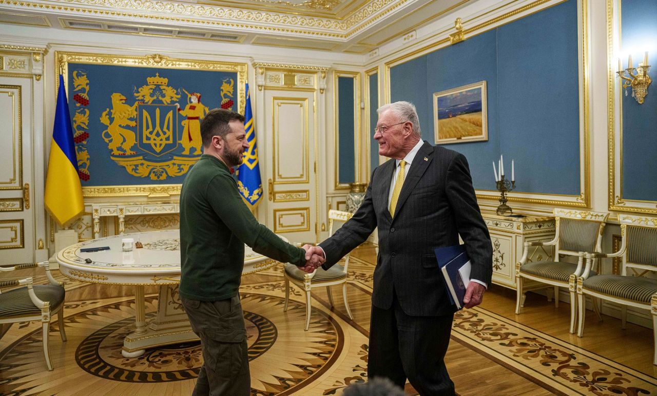 US Special Envoy for Ukraine and Russia Keith Kellogg, right, and Ukraine's President Volodymyr Zelensky shake hands during their meeting in Kyiv, Ukraine, on February 20.