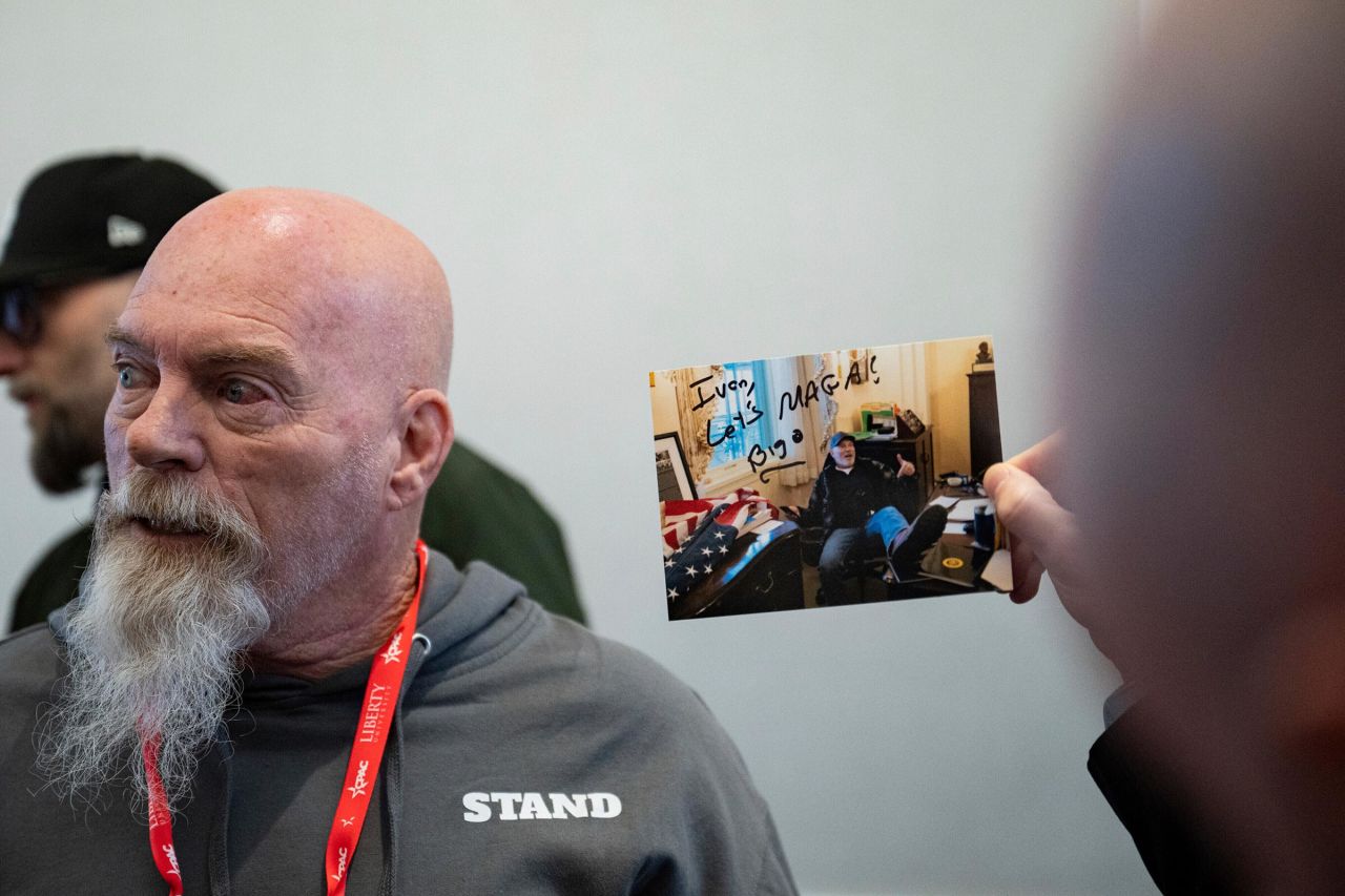 Richard Barnett, the convicted January 6th rioter famous for putting his feet on Former Speaker Nancy Pelosi's desk, at the 2025 Conservative Political Action Conference (CPAC) in National Harbor, Maryland, on Thursday.