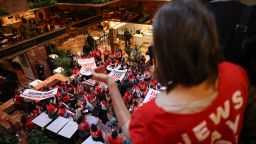 Demonstrators from the group, Jewish Voice for Peace, protest inside Trump Tower in support of Columbia graduate student Mahmoud Khalil, Thursday, March 13, 2025, in New York.