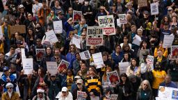 Students and faculty rally at the University of California at Berkeley campus to protest the Trump administration on Wednesday.