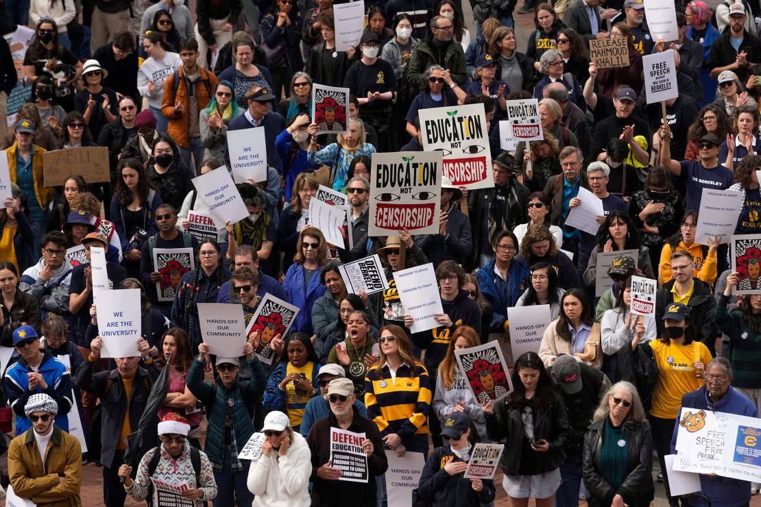 Students and faculty rally at the University of California, Berkeley campus to protest the Trump administration on Wednesday.