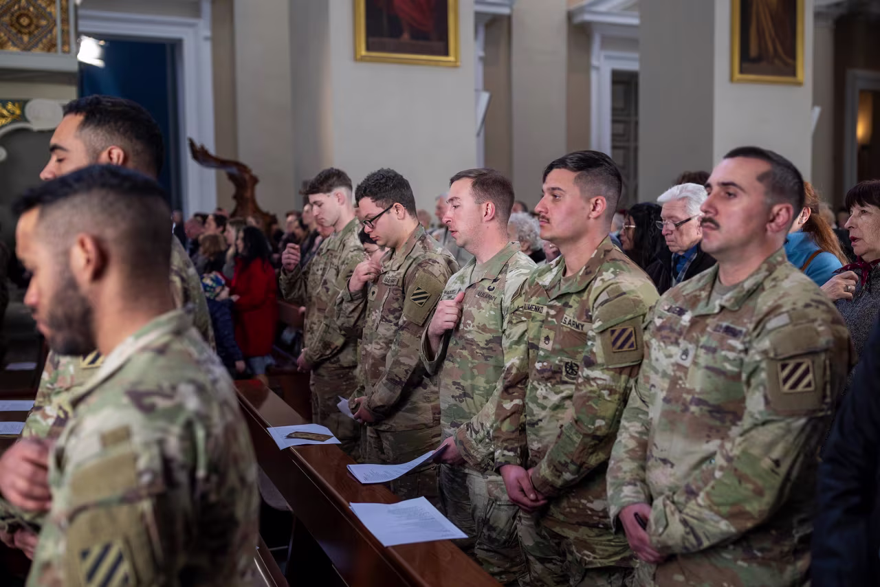 US soldiers attend a Holy Mass for the four US soldiers who went missing at the Pabrade training ground, at the Cathedral Basilica in Vilnius, Lithuania on Sunday.