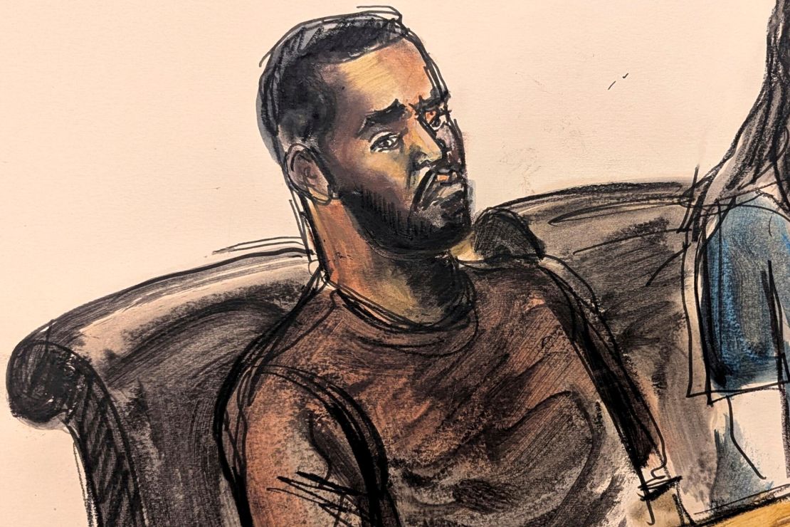 Depicted in this courtroom sketch, Sean Combs sits at the defense table with one of his attorneys during his bail hearing in September 2024 in New York.