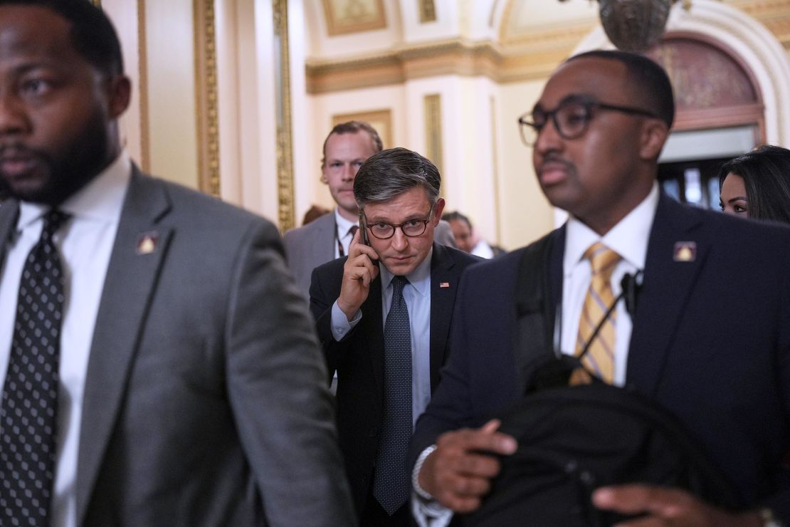 House Speaker Mike Johnson leaves the chamber after an essential procedural vote passed in the House to advance President Donald Trump's top domestic priorities on spending reductions and tax breaks, at the Capitol in Washington, DC, on April 9.
