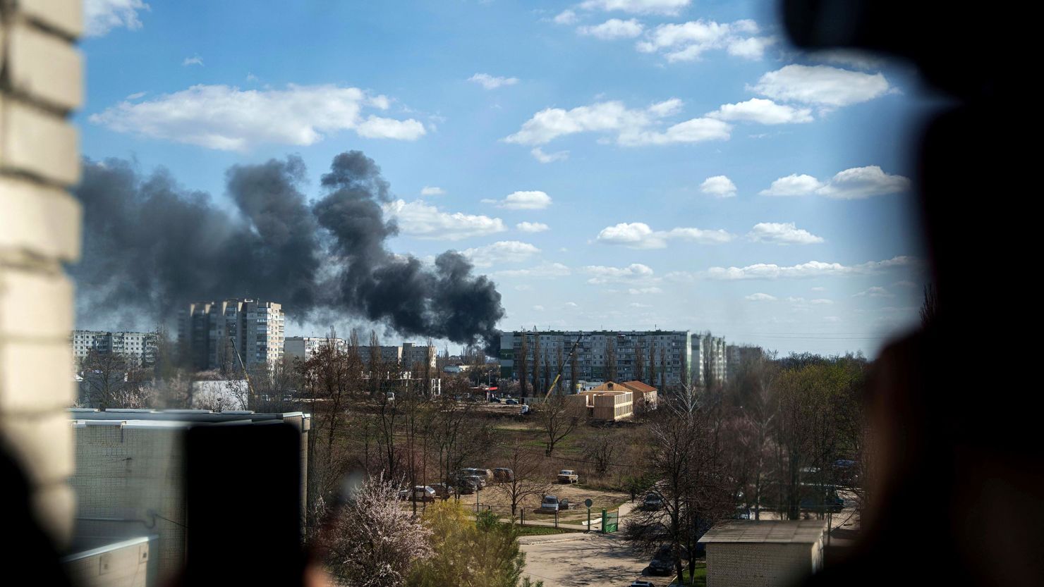 Smoke rises from an explosion following a Russian drone strike on Sumy, Ukraine on April 14.