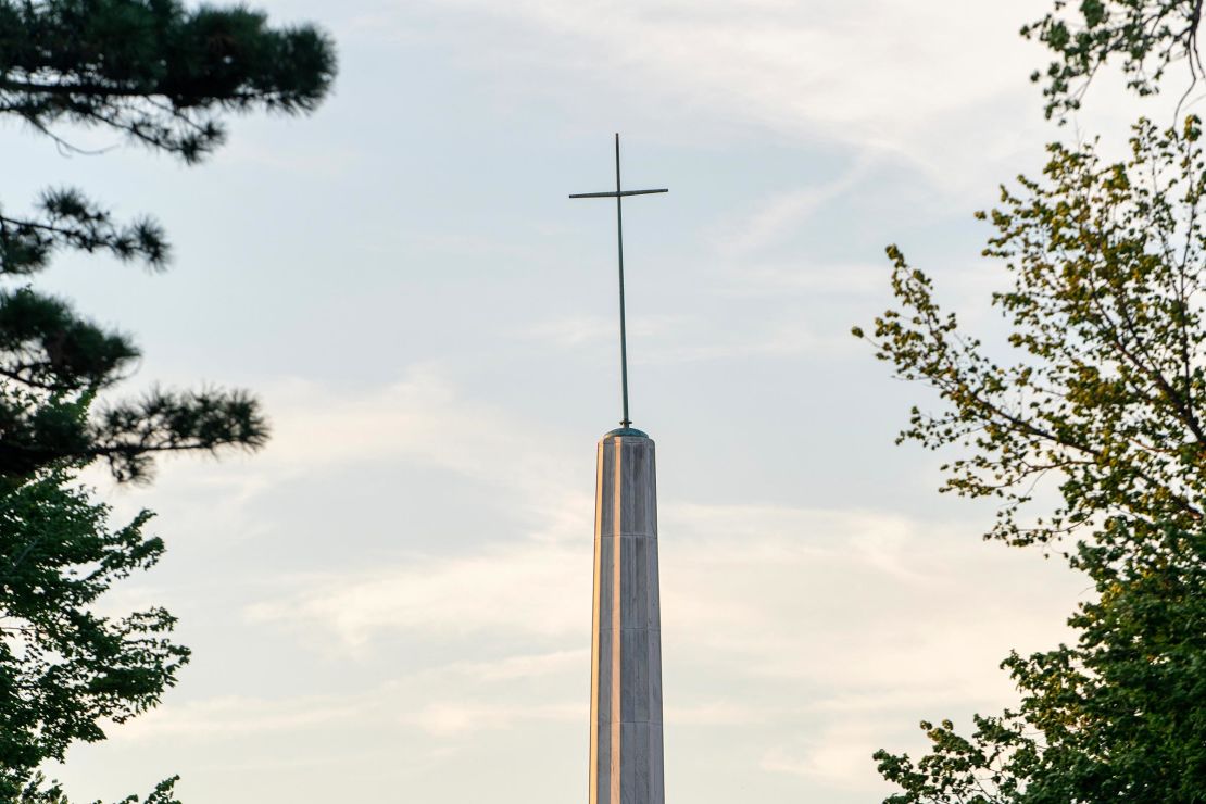 A cross sits atop the Archdiocese of Oklahoma City on April 17 in Oklahoma City, Oklahoma.