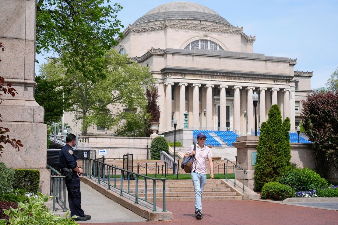 A New York City police officer keeps watch on the campus of Columbia University in New York, on May 6, 2024.