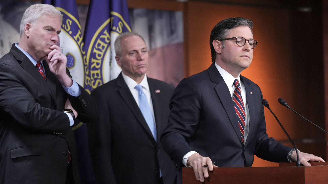 House Speaker Mike Johnson, joined from left by House Majority Whip Tom Emmer and House Majority Leader Steve Scalise, talks to reporters at the US Capitol in Washington, DC, on April 8. 
