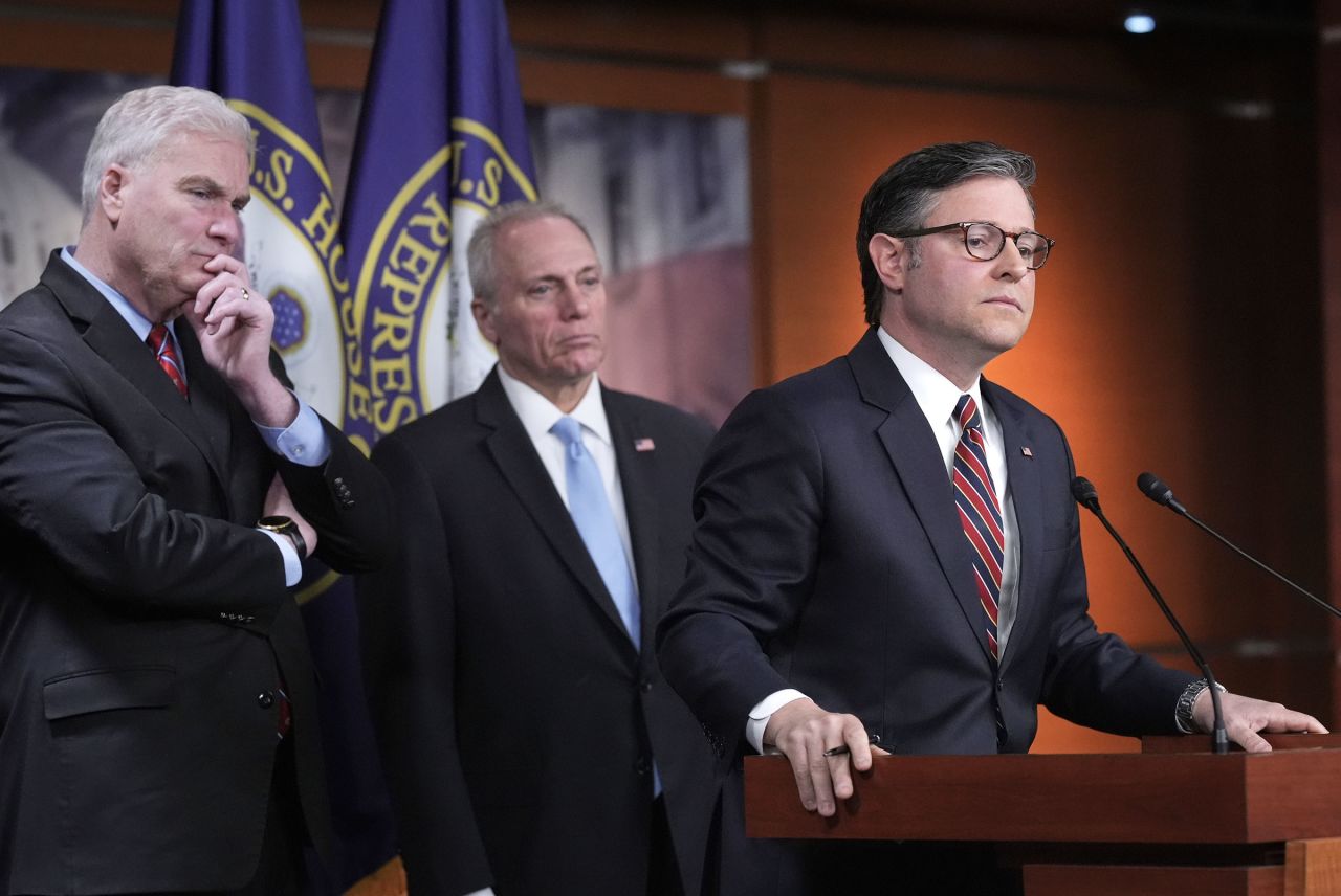 House Speaker Mike Johnson, joined from left by House Majority Whip Tom Emmer and House Majority Leader Steve Scalise, talks to reporters at the US Capitol in Washington, DC, on April 8.