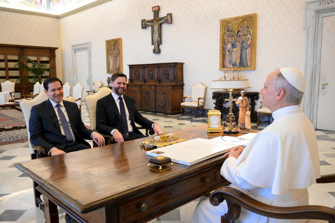 In this photo from the Vatican Media, Pope Leo XIV, right, meets with US Secretary of State Marco Rubio and US Vice President JD Vance on May 19 at the Vatican.