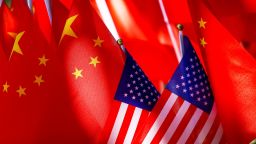 American flags are displayed together with Chinese flags in 2018 in Beijing.